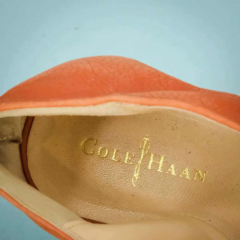 Cole Haan Size 8.5 Orange Gold Metallic Leather Back Zip Cork Wedge Heel Sandals